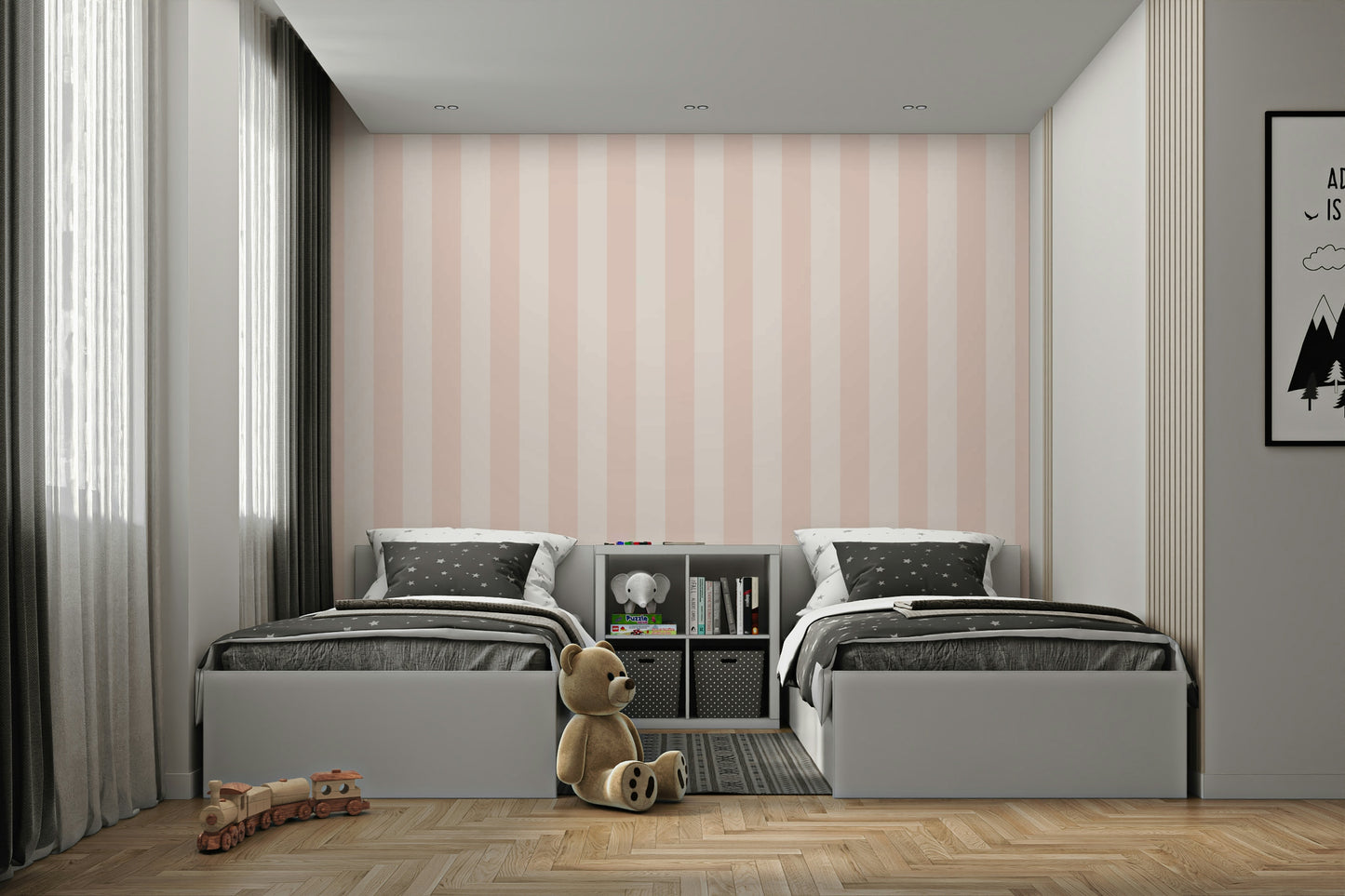 Elegant beige and blush stripe wallpaper for interiors.

