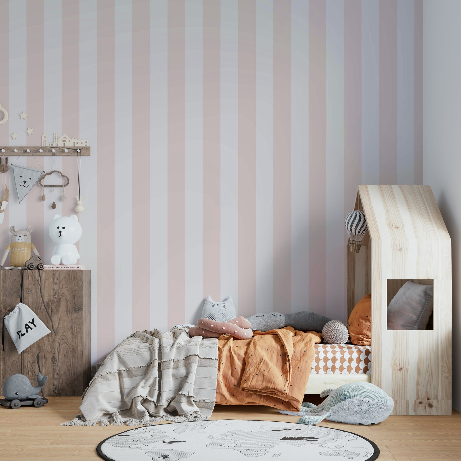 Soft modern stripe wallpaper in pink and neutral tones.

