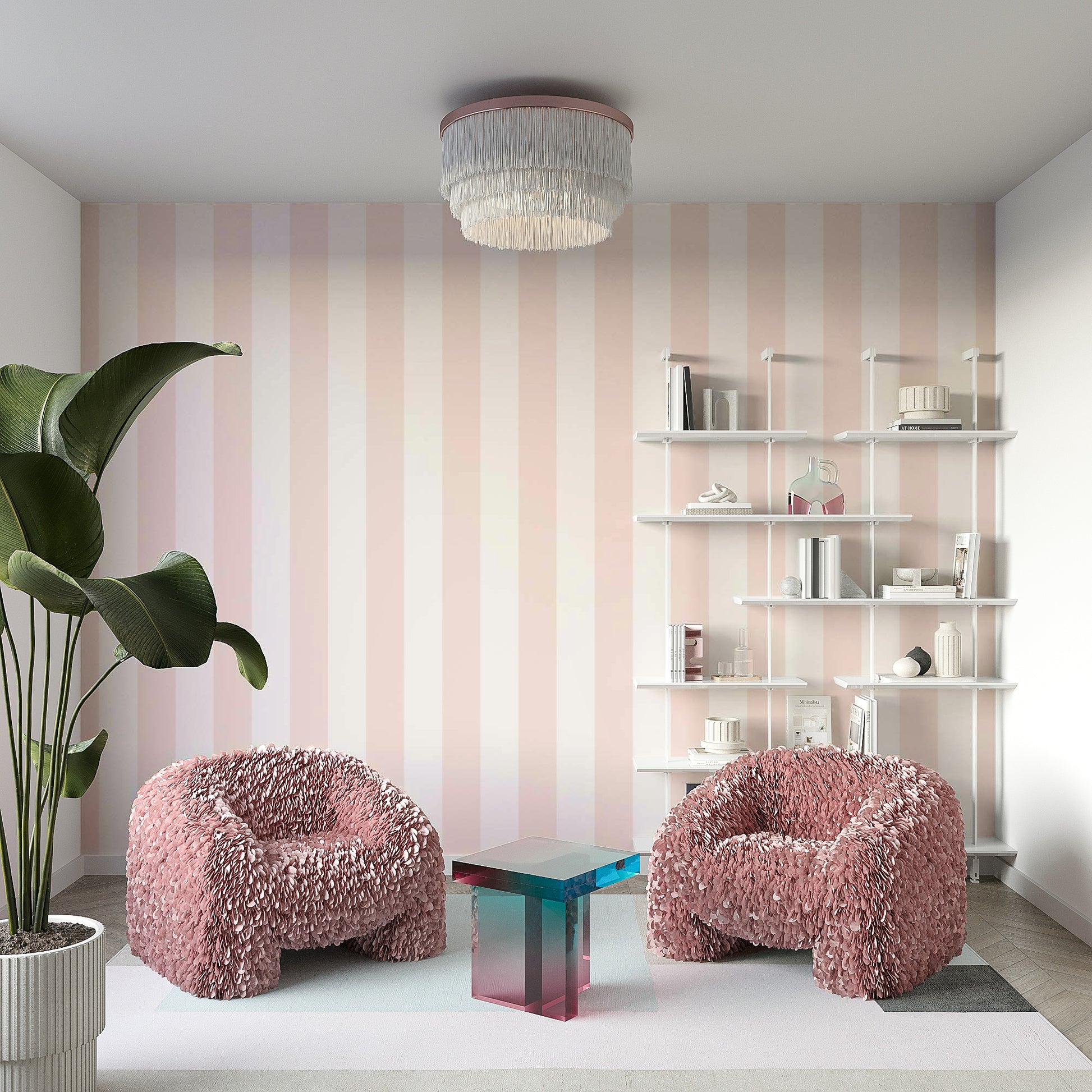 Vertical pastel pink and beige stripe wall design.

