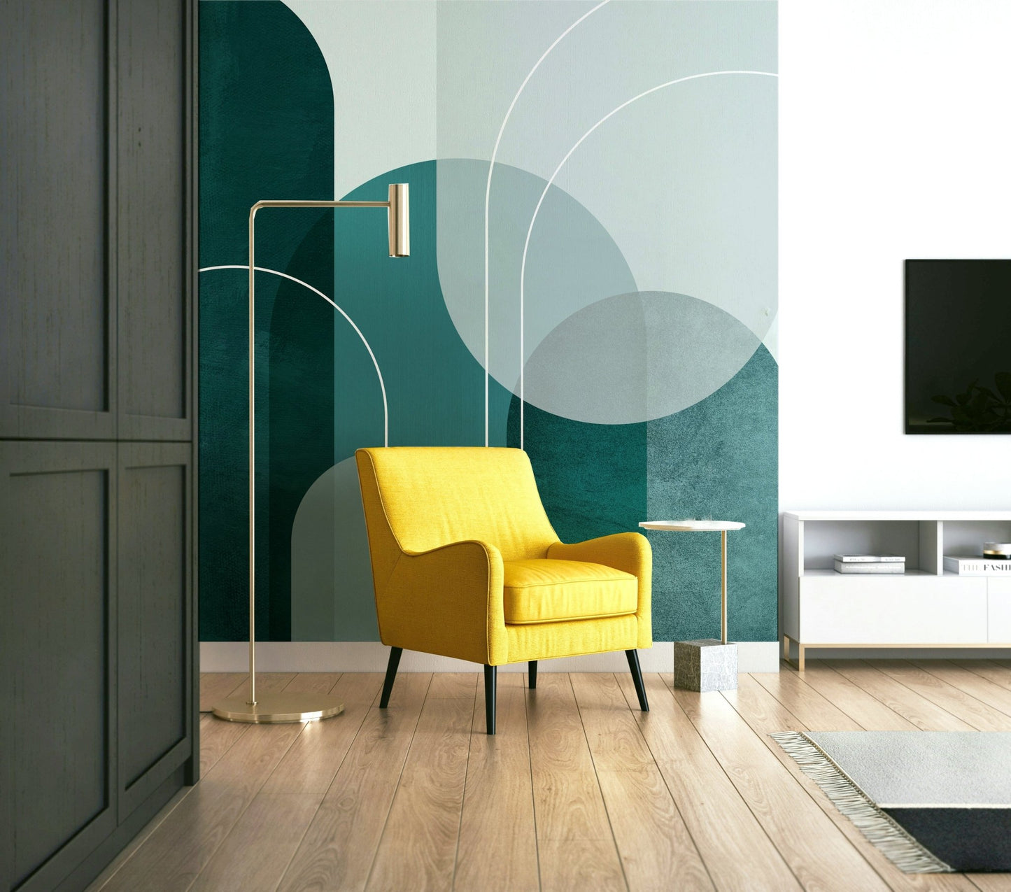 Sophisticated modern arches mural in teal shades

