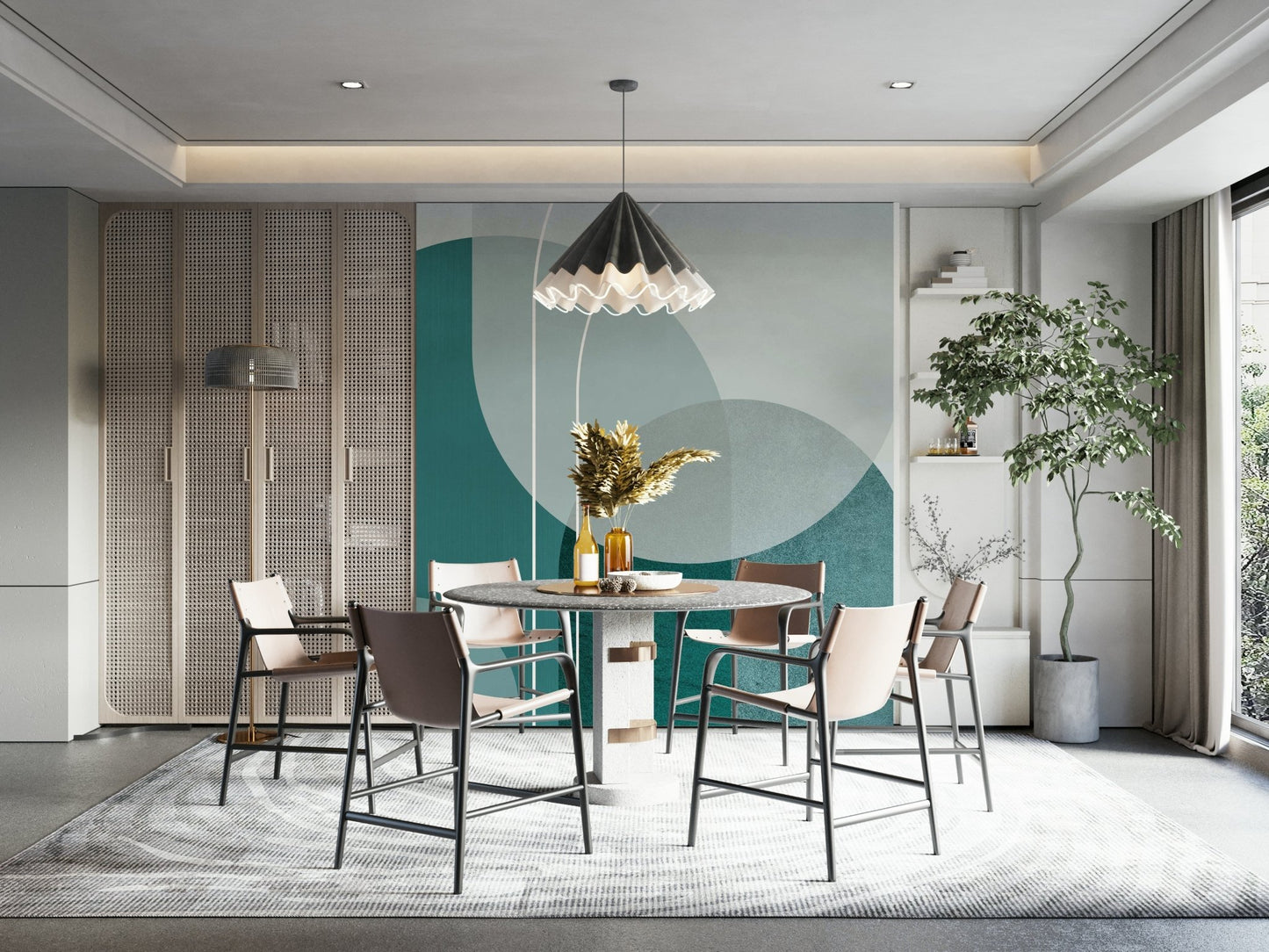 Minimalist teal arches mural for clean, elegant walls

