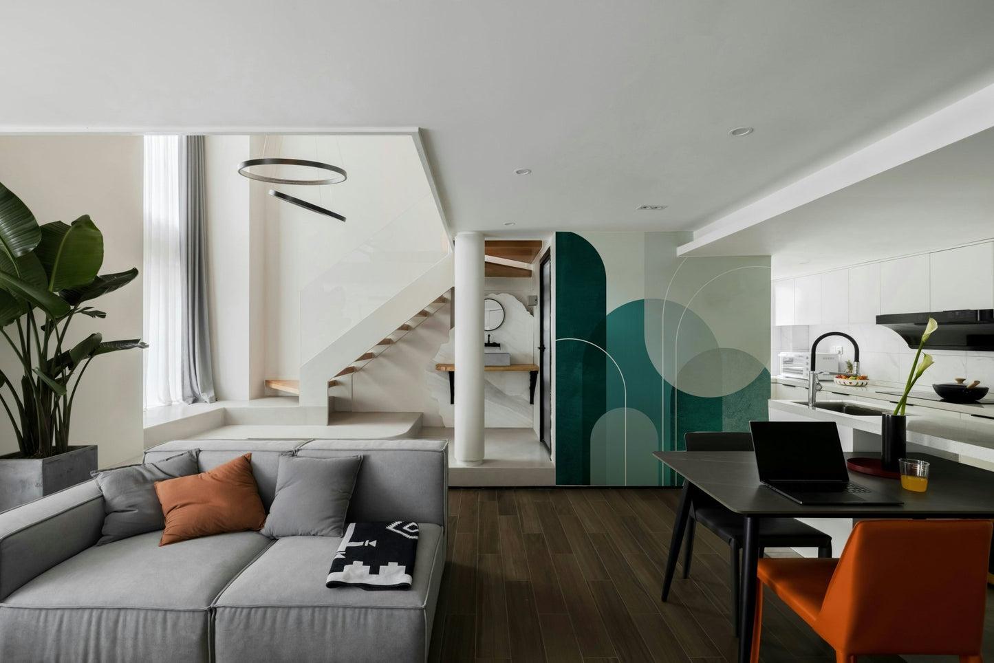 Elegant teal arches wallpaper design for living rooms

