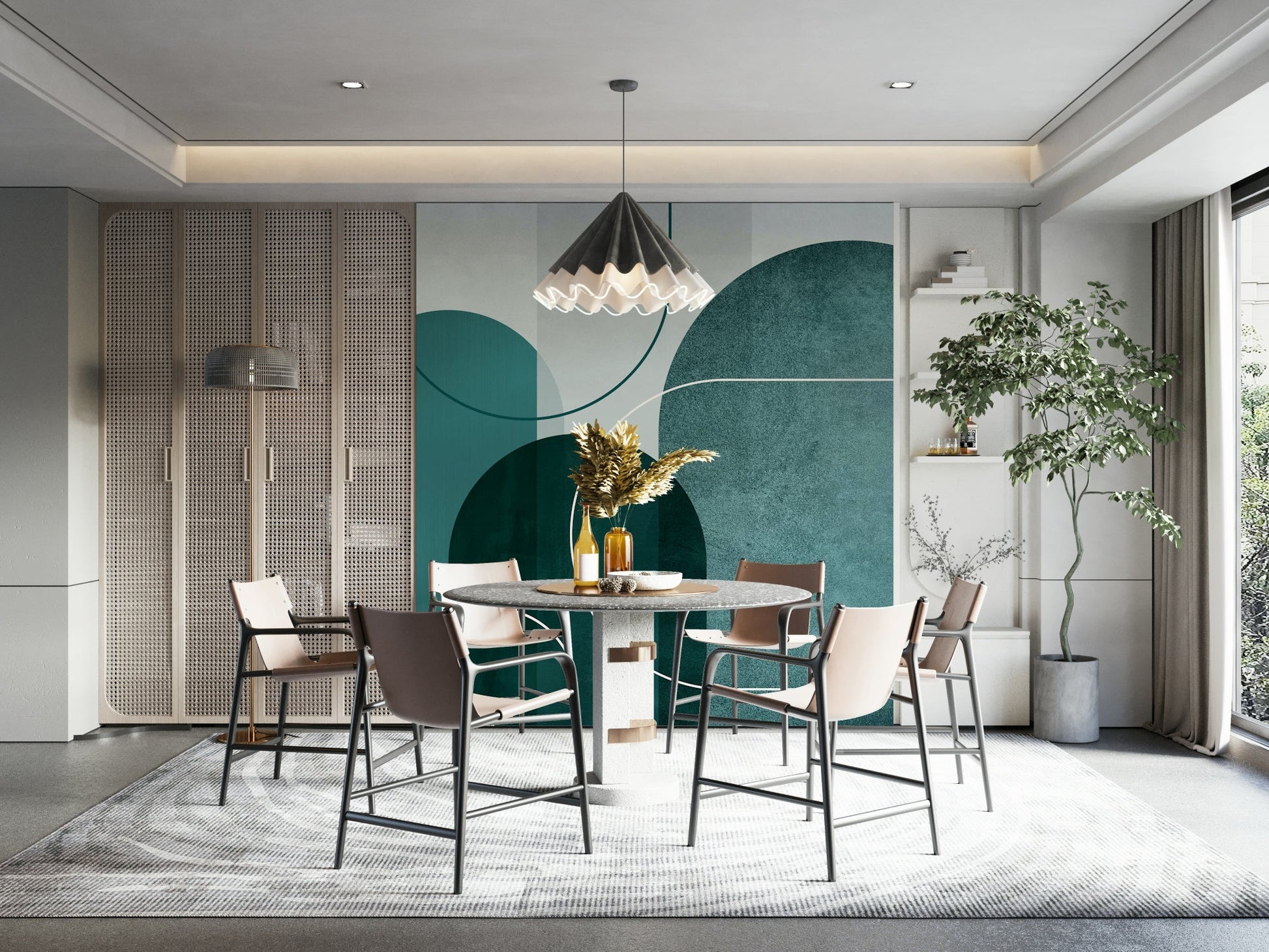 Teal arches mural adds a bold modern touch to walls.

