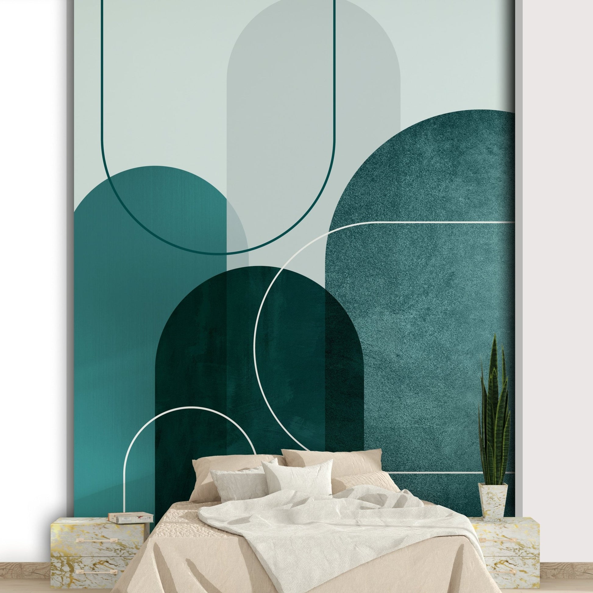 Stylish teal arches wallpaper mural for vibrant interiors.

