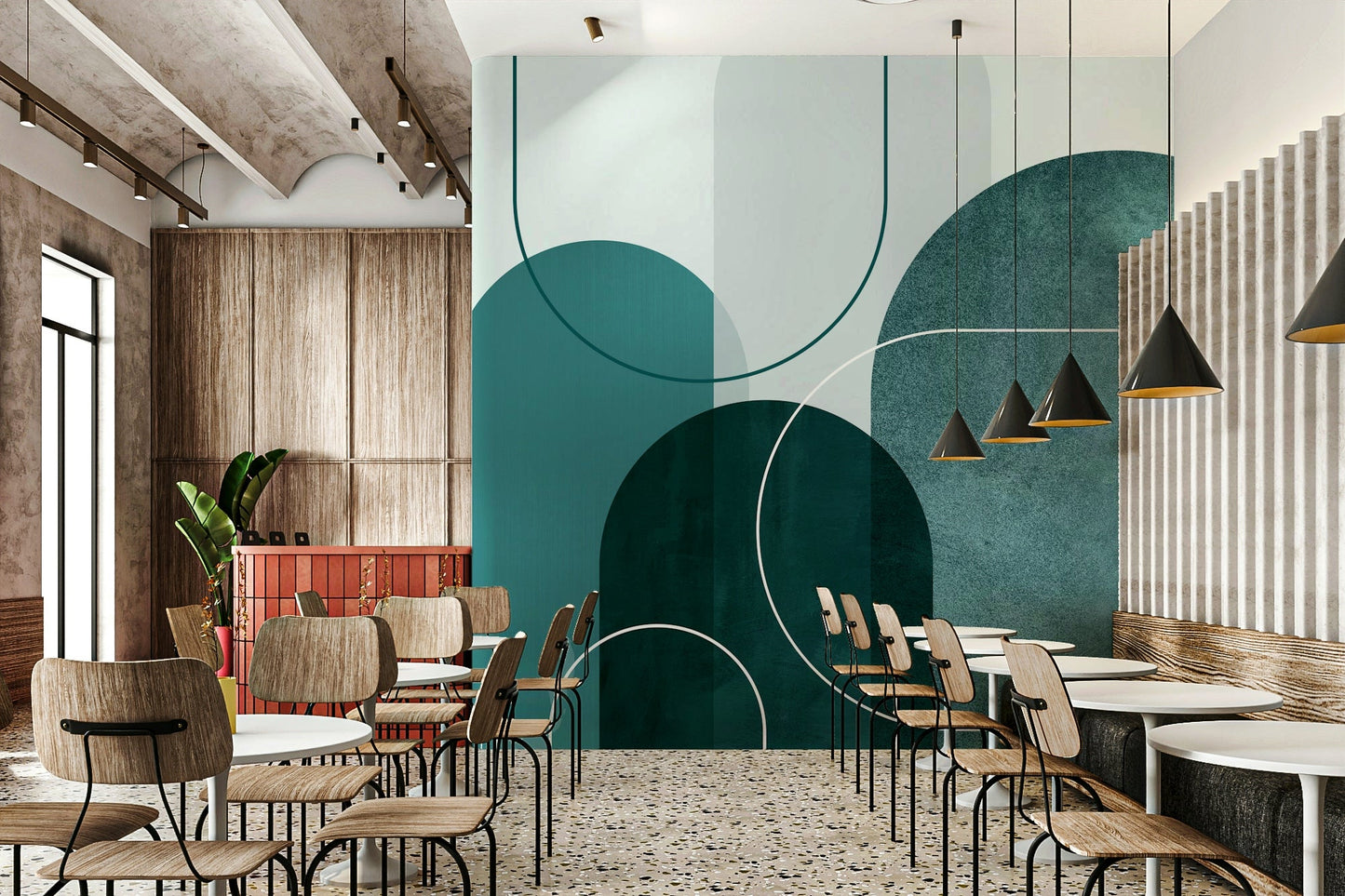 Trendy teal arches wallpaper mural for a fresh look.

