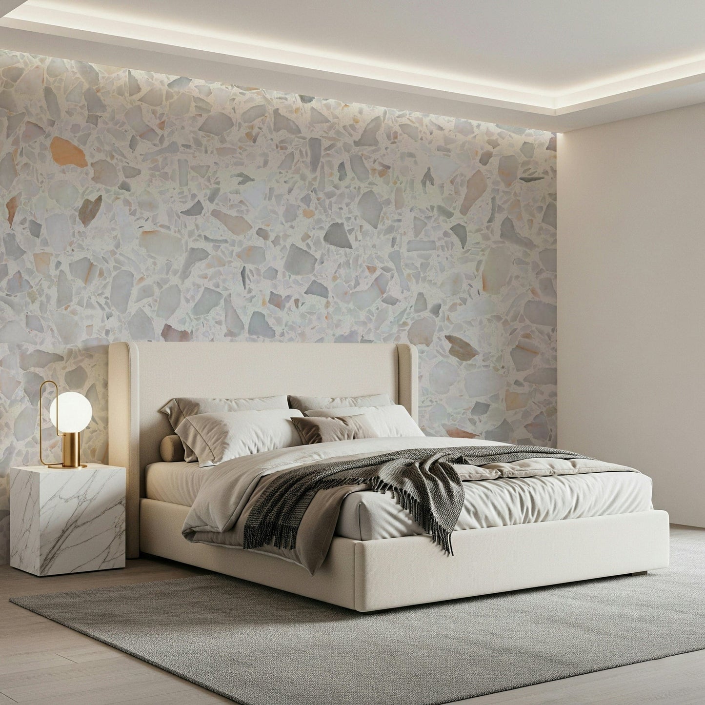 Residential Modern Terrazzo wall mural, minimalist and airy stone appearance.