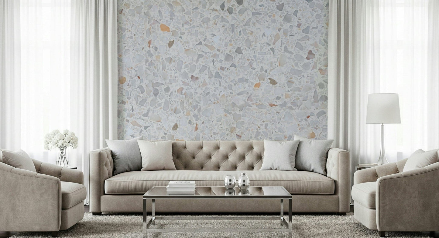 Chic Terrazzo wall covering, contemporary aggregate pattern, bright white base.