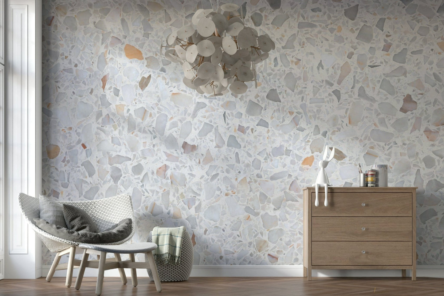 Minimalist Terrazzo wall mural, smooth appearance, soft hints of apricot.