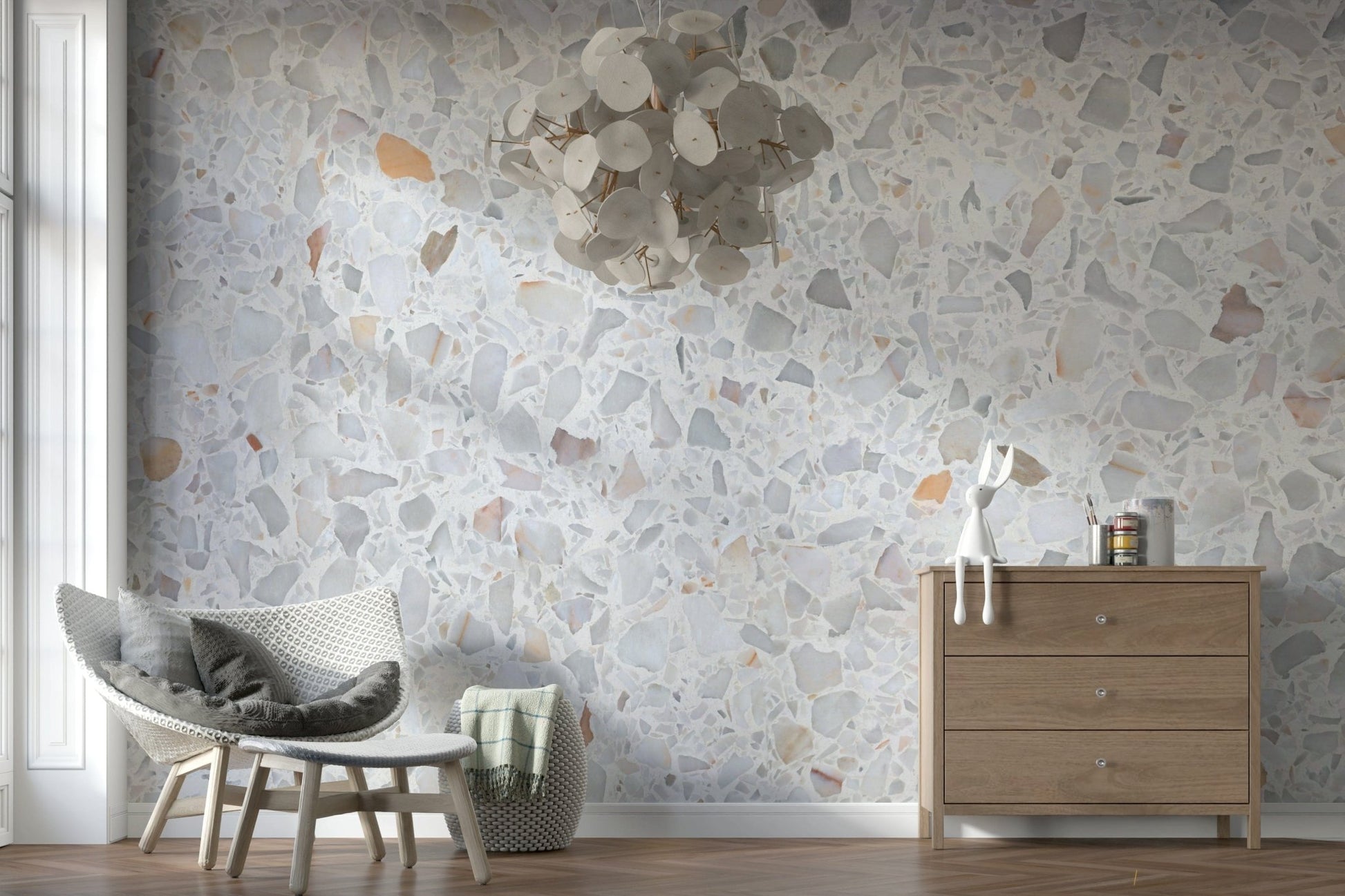 Minimalist Terrazzo wall mural, smooth appearance, soft hints of apricot.