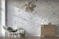 Minimalist Terrazzo wall mural, smooth appearance, soft hints of apricot.