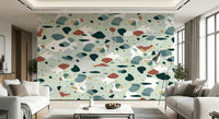 An artistic contemporary speckled mural on minimalist wallpaper.