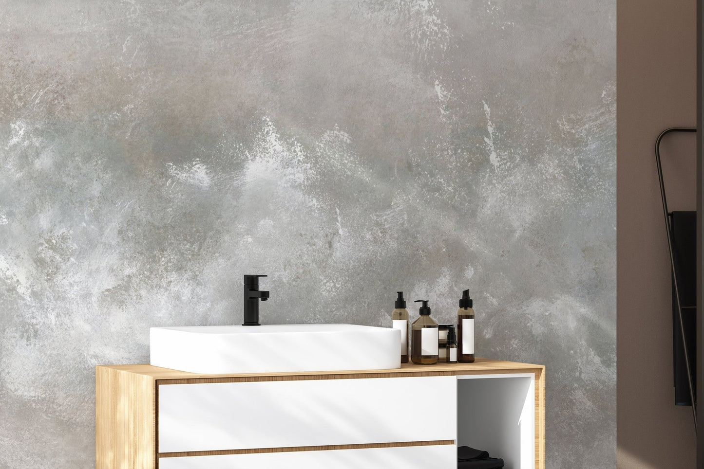 Minimalist plaster effect bathroom wallpaper
