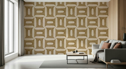 Modern Textured Geometries Camel Wallpaper in a warm living room setting.
