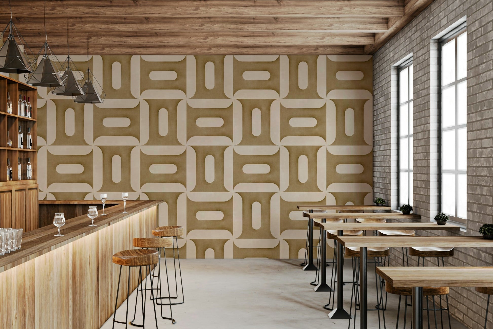 Abstract camel pattern wall mural for a stylish dining room interior.