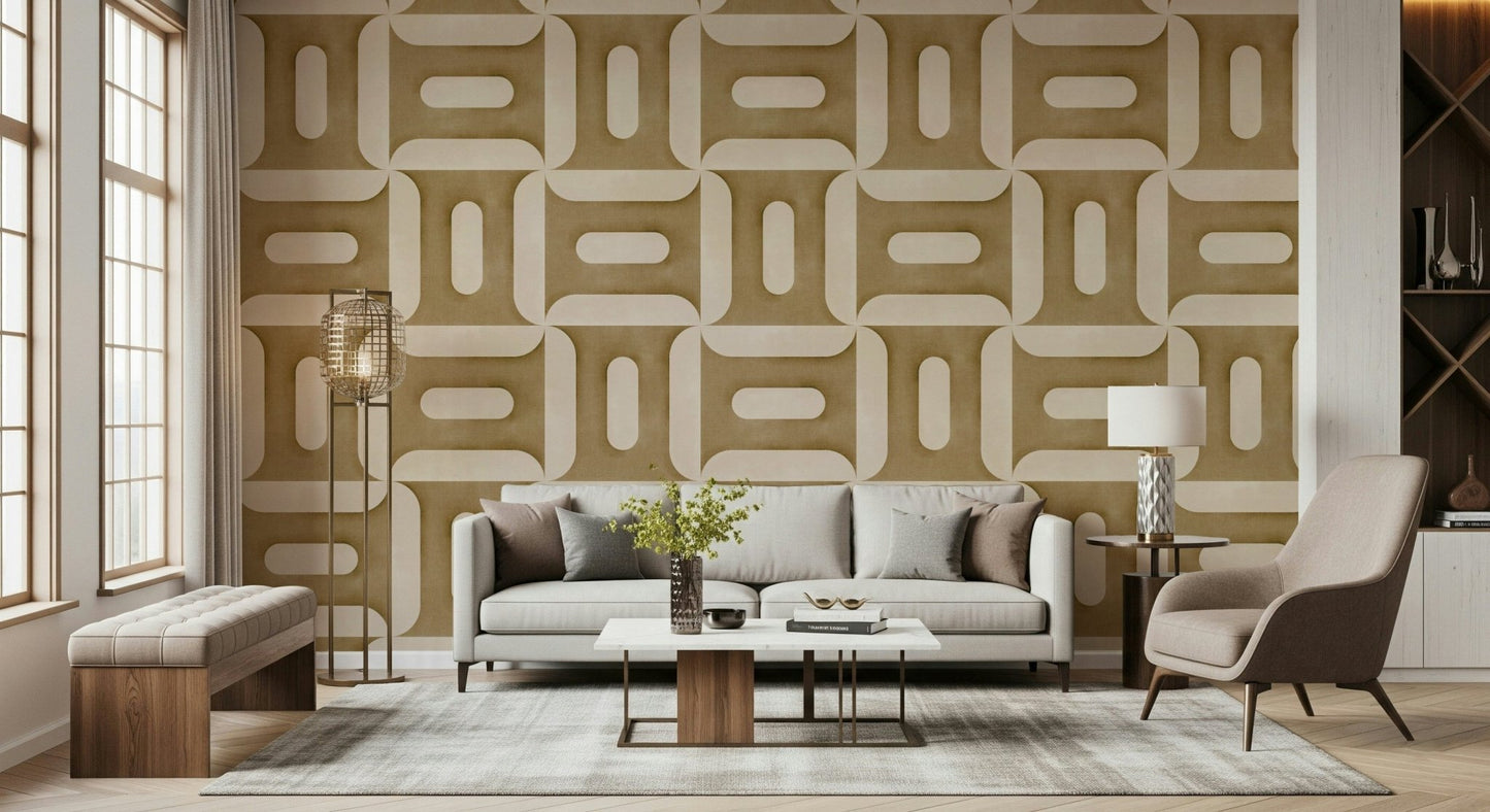 Geometric pattern wall mural with camel tones for a minimalist bedroom.