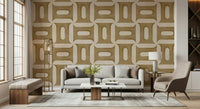 Geometric pattern wall mural with camel tones for a minimalist bedroom.