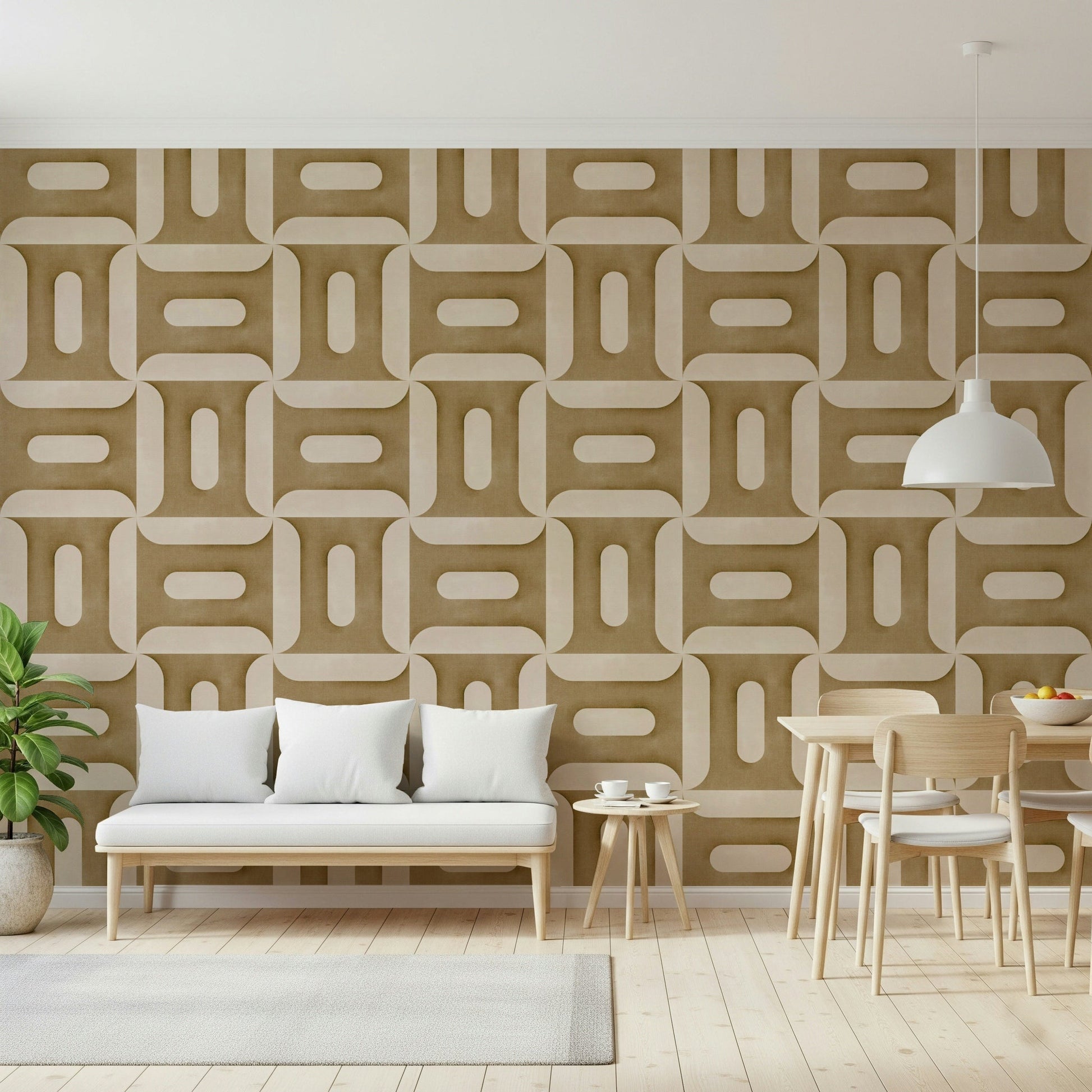Camel coloured shapes wallpaper for a contemporary home office space.