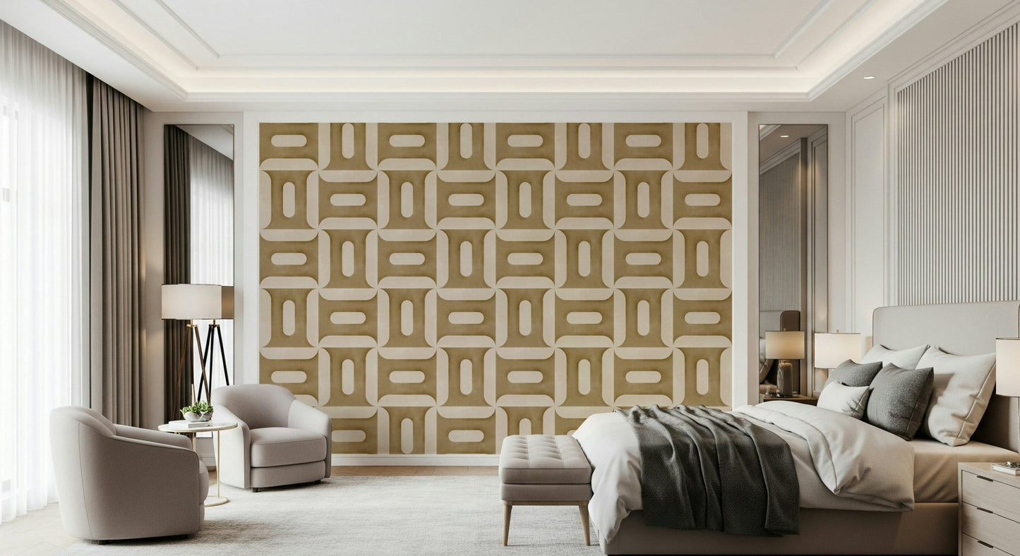Neutral geometry wallpaper for a calm and modern nursery room.