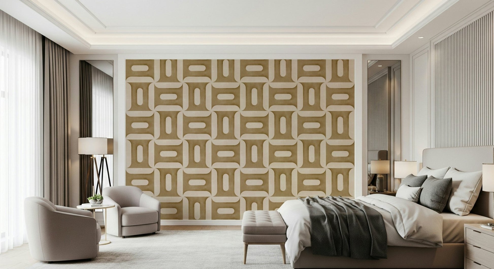 Neutral geometry wallpaper for a calm and modern nursery room.
