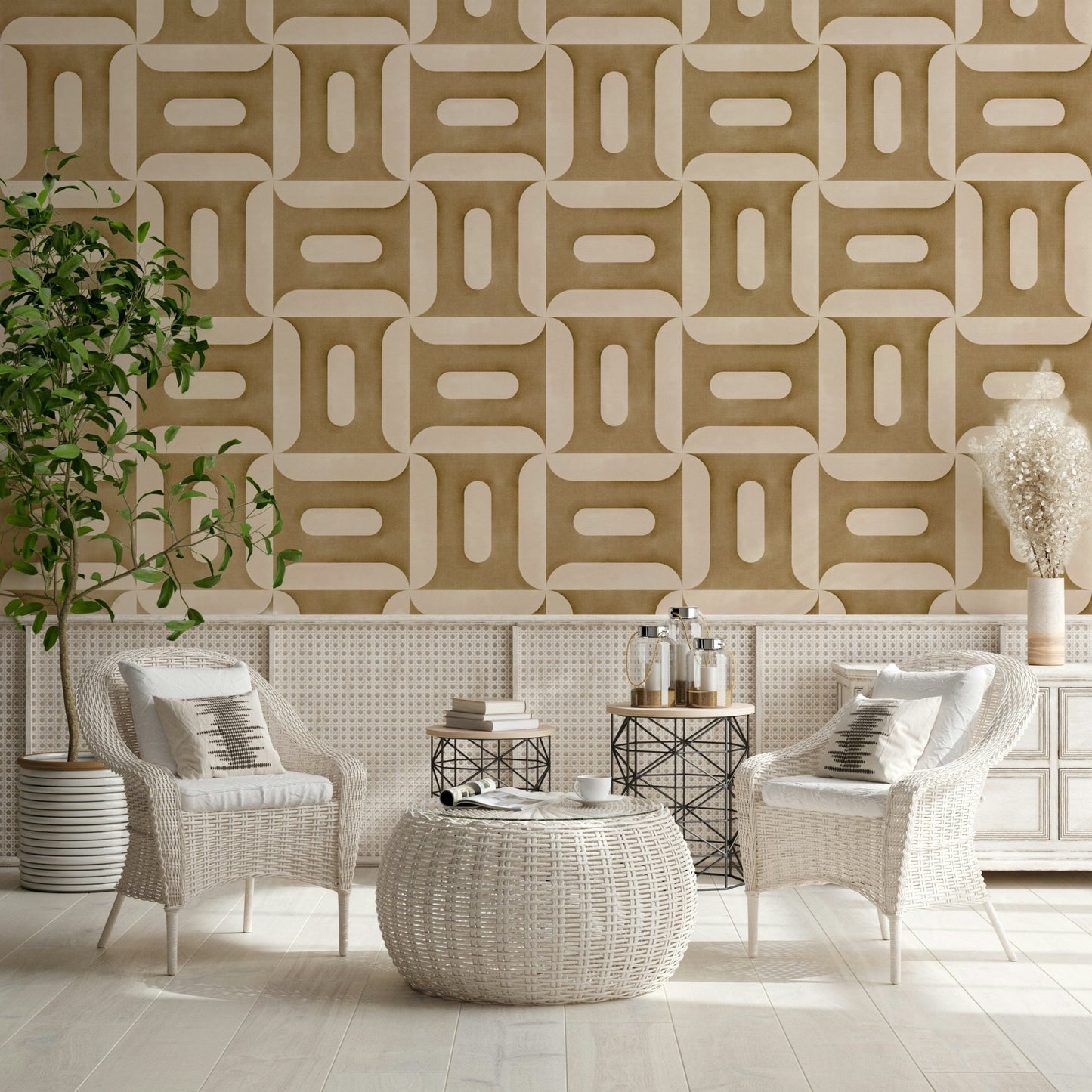 Earthy camel tone wall mural with geometric shapes for an entryway.