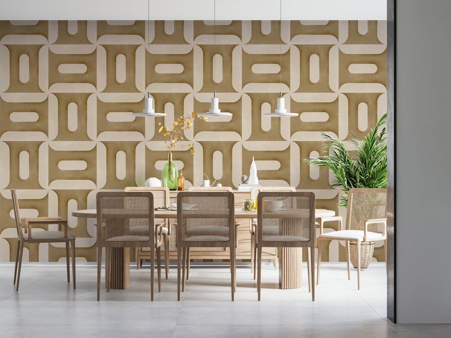 Textured geometric wallpaper for a neutral tone apartment hallway.