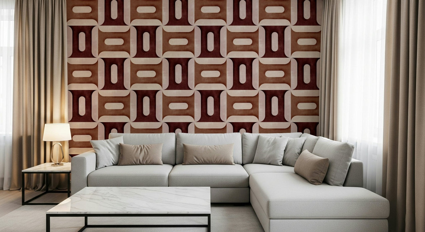 Geometric pattern wallpaper mural for home décor in a guest room.