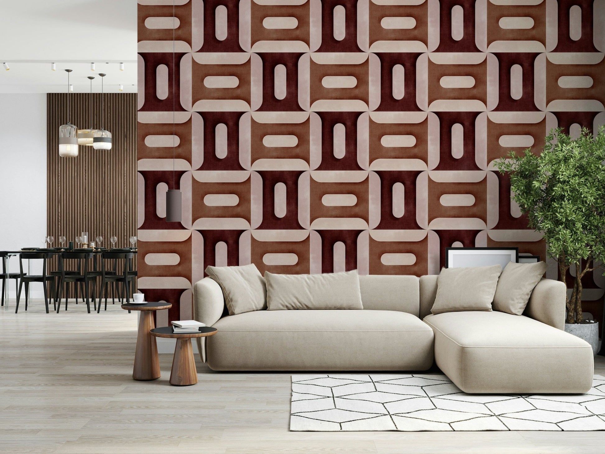 Abstract block pattern wallpaper mural for an apartment study space.