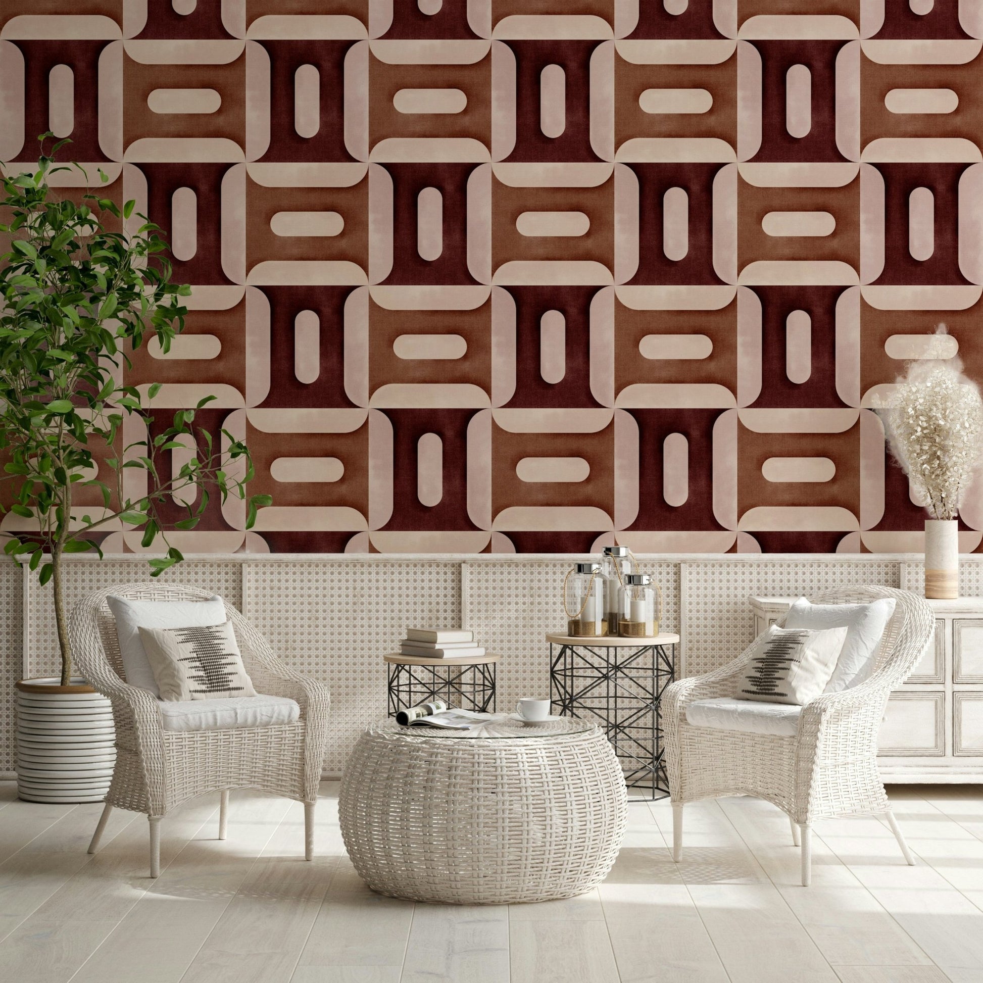 Clay colour geometric wallpaper mural for a minimalist bedroom wall.
