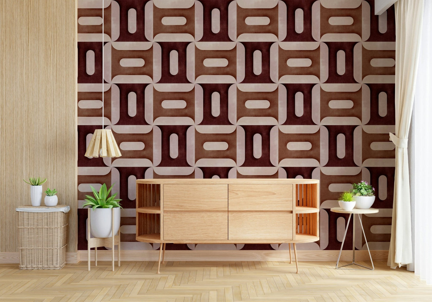 Modern Textured Geometries Clay Wallpaper mural in a neutral living room.
