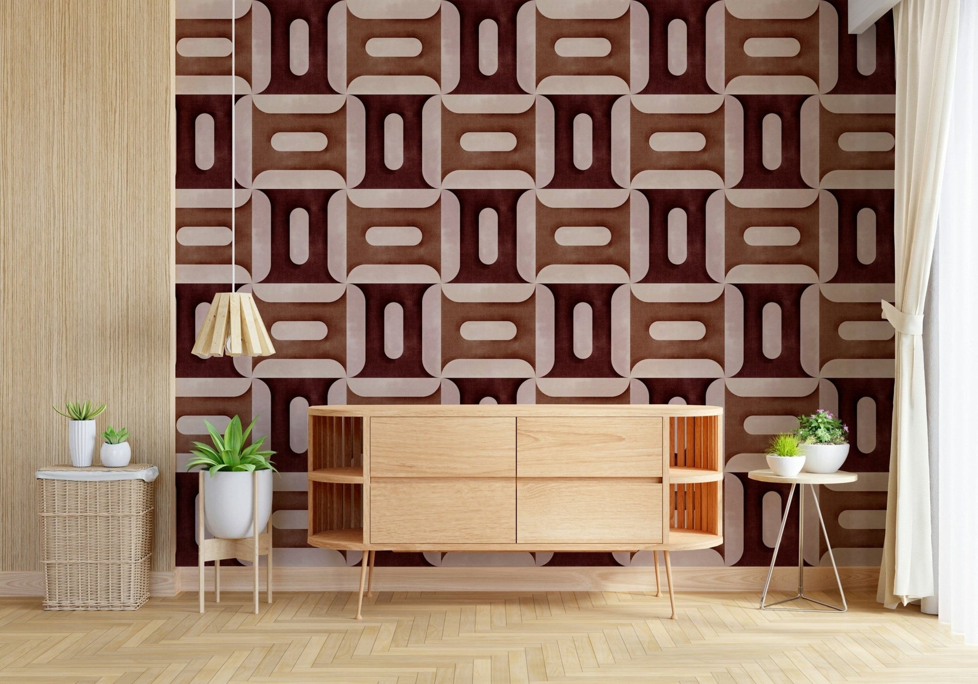 Modern Textured Geometries Clay Wallpaper mural in a neutral living room.