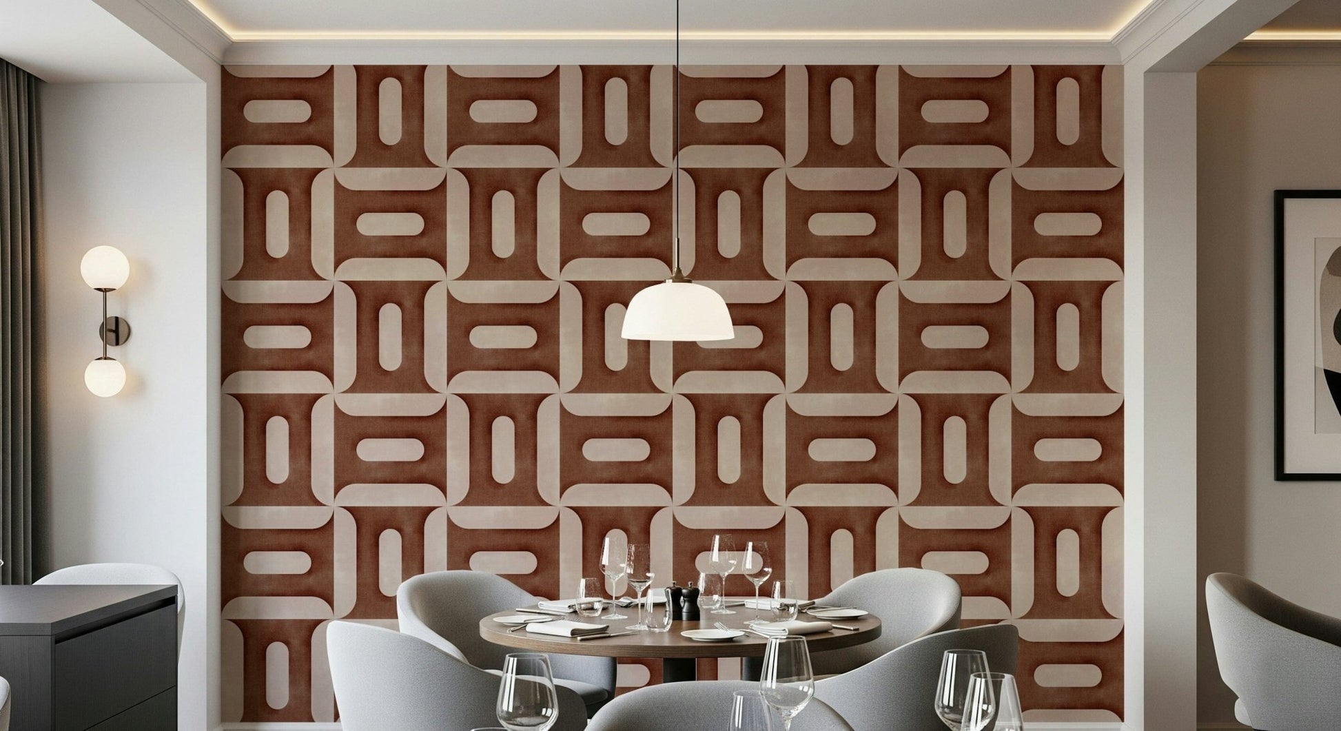 Abstract copper shapes on a textured wallpaper mural for a home office., GD7894