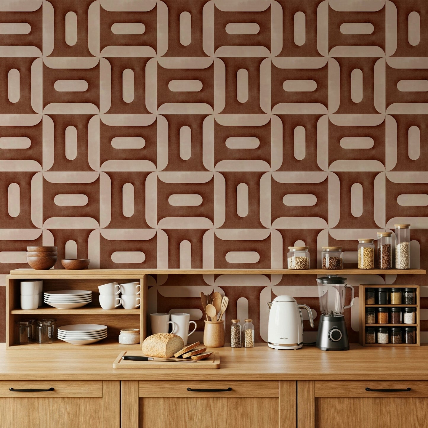 Rustic copper geometric wallpaper mural for a hallway accent wall., GD7894