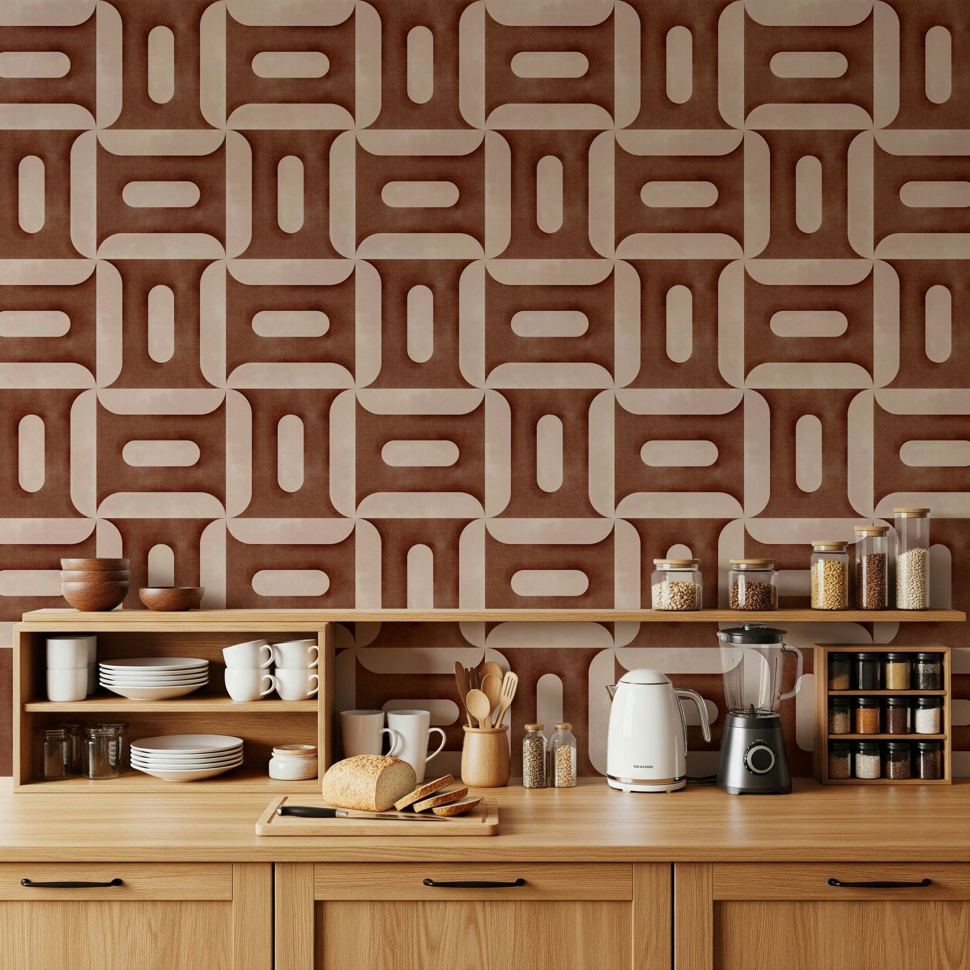 Rustic copper geometric wallpaper mural for a hallway accent wall., GD7894