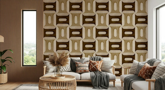 Modern Textured Geometries Earthy Wallpaper mural in a warm living room.