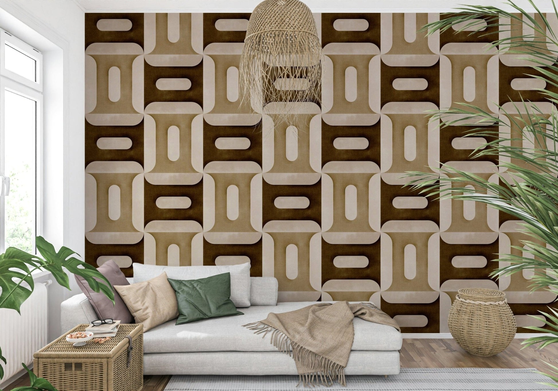 Sophisticated linear design wallpaper mural for a study or reading nook.