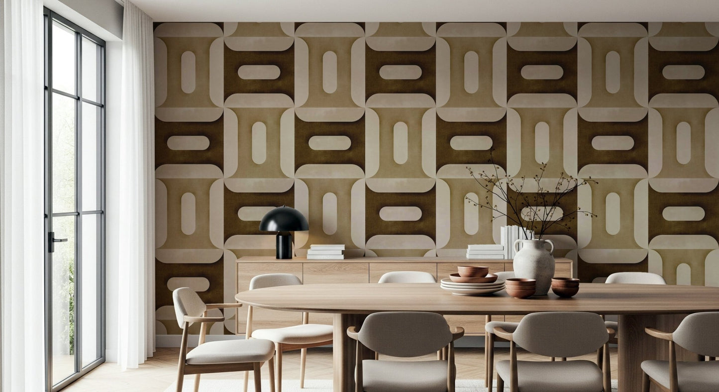 Earthy tone geometric wallpaper mural for a minimalist bedroom feature wall.
