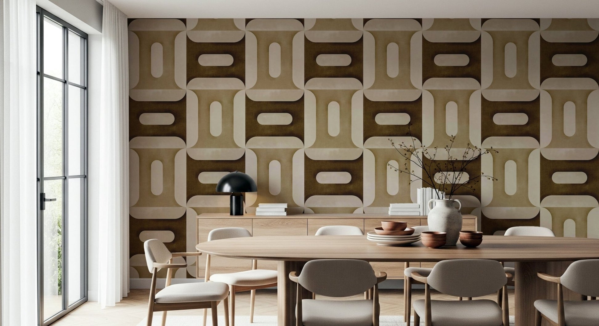 Earthy tone geometric wallpaper mural for a minimalist bedroom feature wall.