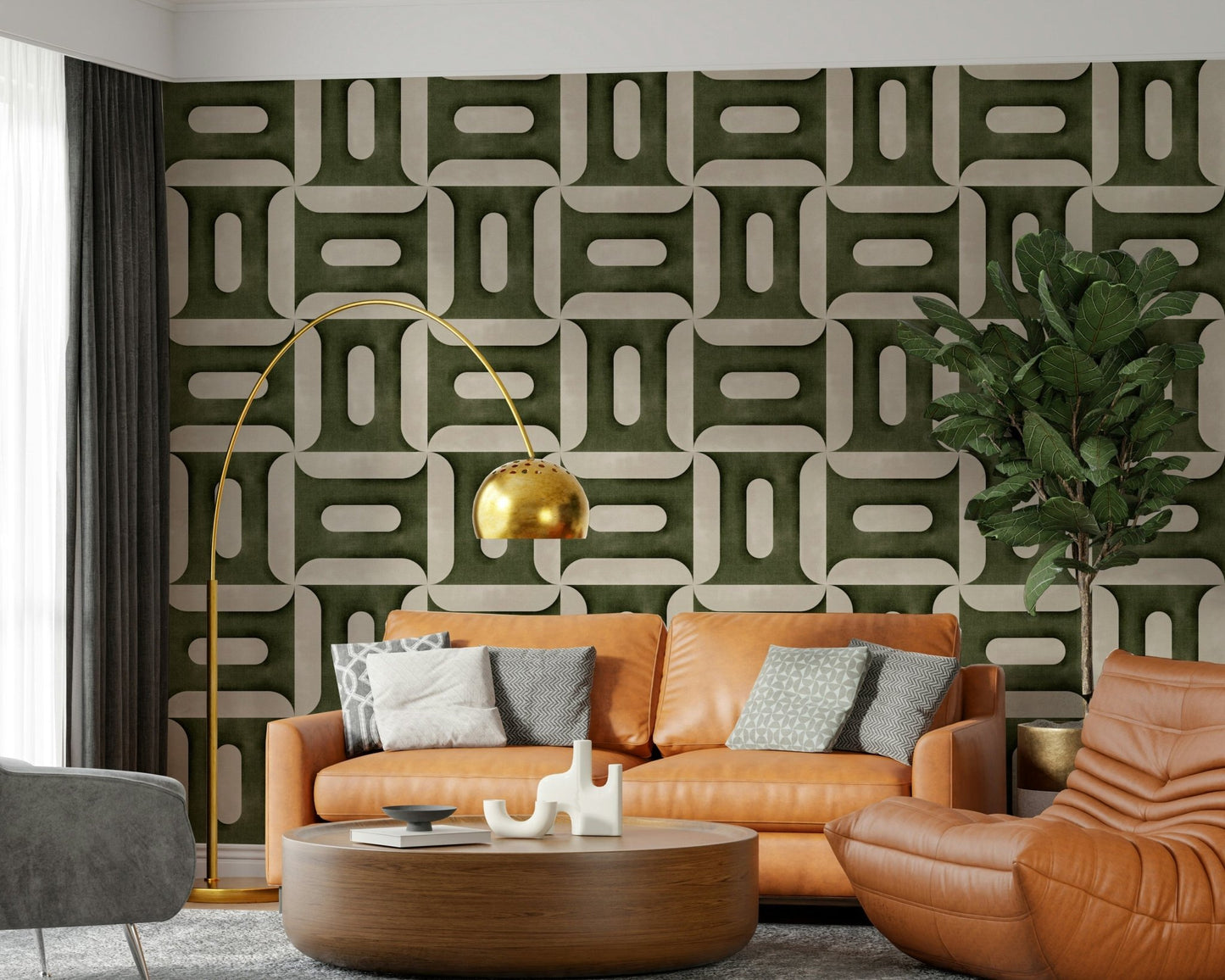 Modern Textured Geometries Olive Wallpaper mural with a matte finish look.