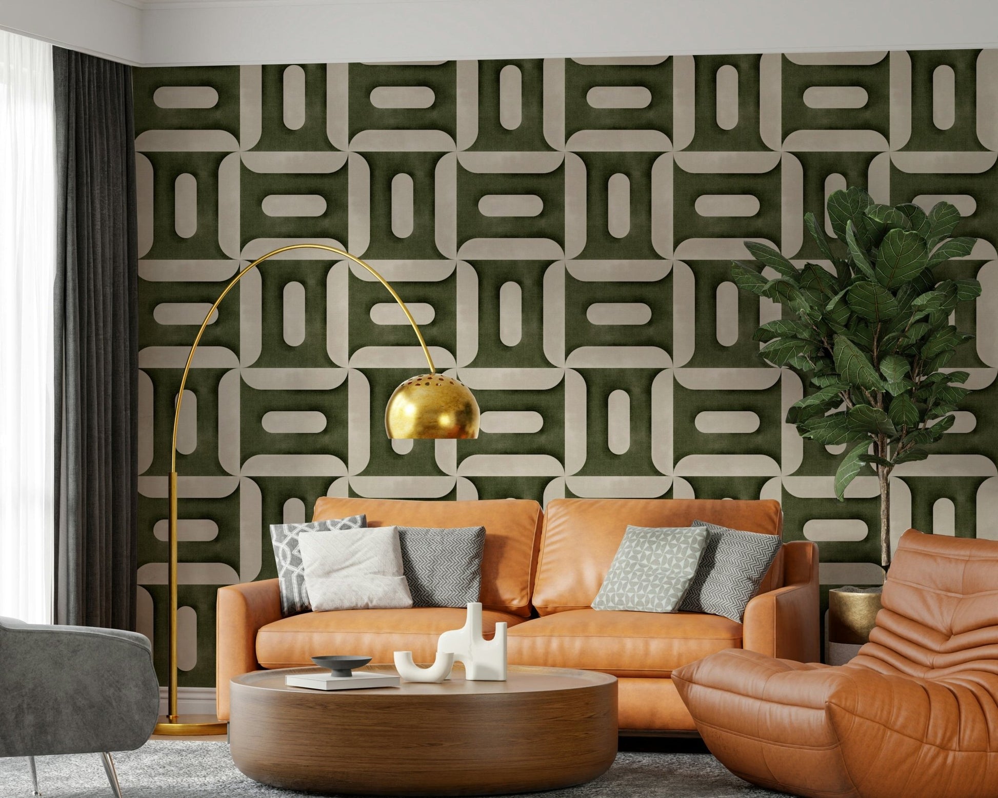 Modern Textured Geometries Olive Wallpaper mural with a matte finish look.