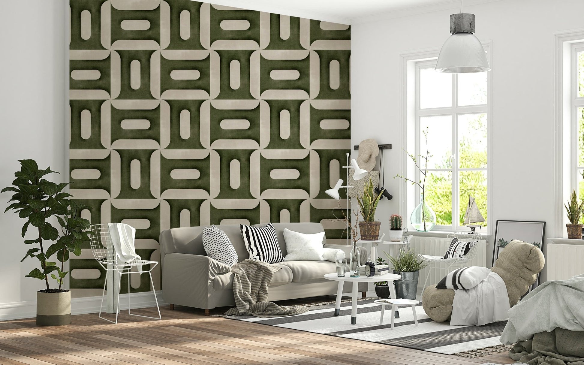 Modern Textured Geometries Olive Wallpaper mural for an apartment dining area.