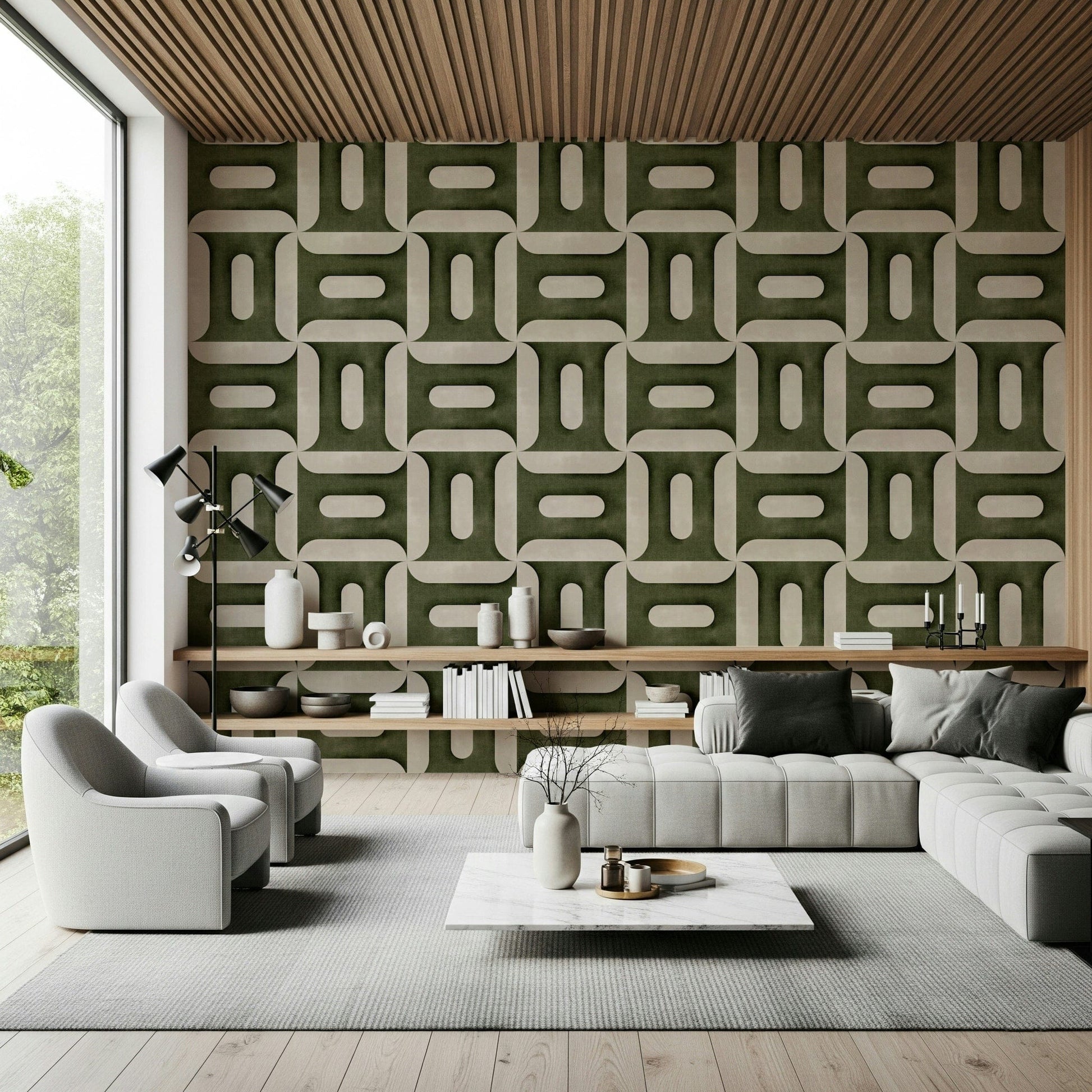 Mid-century inspired wallpaper mural for a cozy reading nook in a flat.