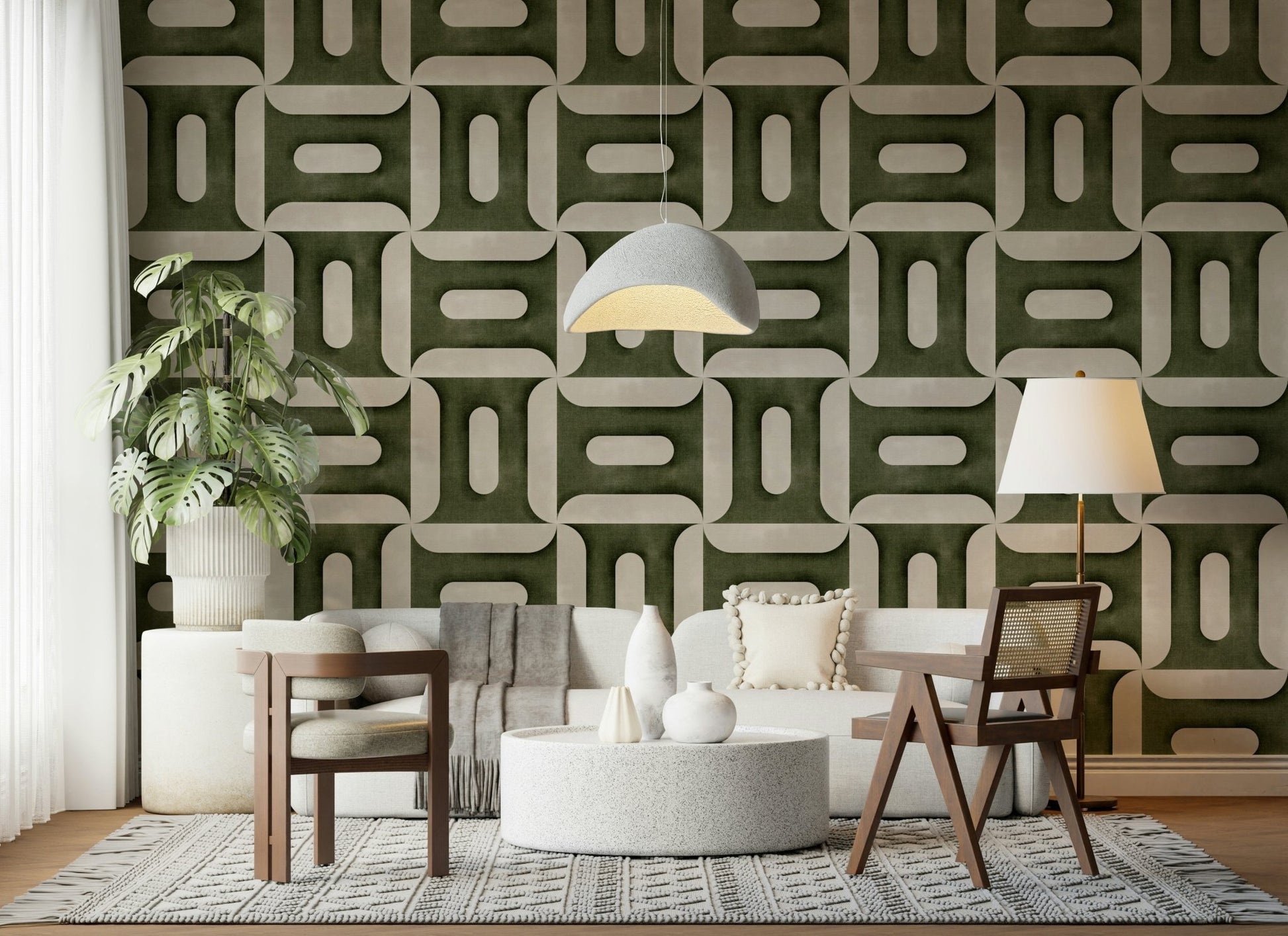 Modern Textured Geometries Olive Wallpaper mural with subtle fabric texture.