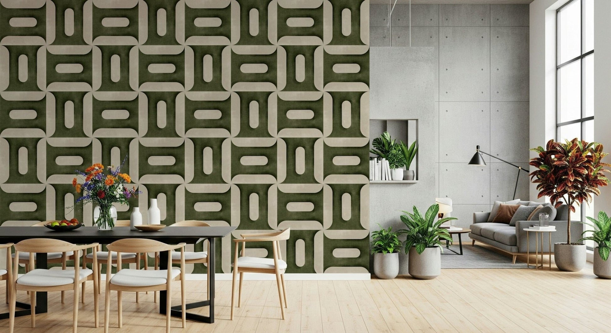 Modern Textured Geometries Olive Wallpaper mural in a minimalist living room.