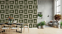 Modern Textured Geometries Olive Wallpaper mural in a minimalist living room.