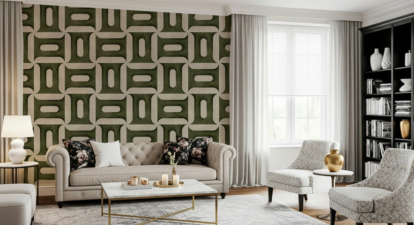 Modern Textured Geometries Olive Wallpaper mural in a stylish flat lounge.