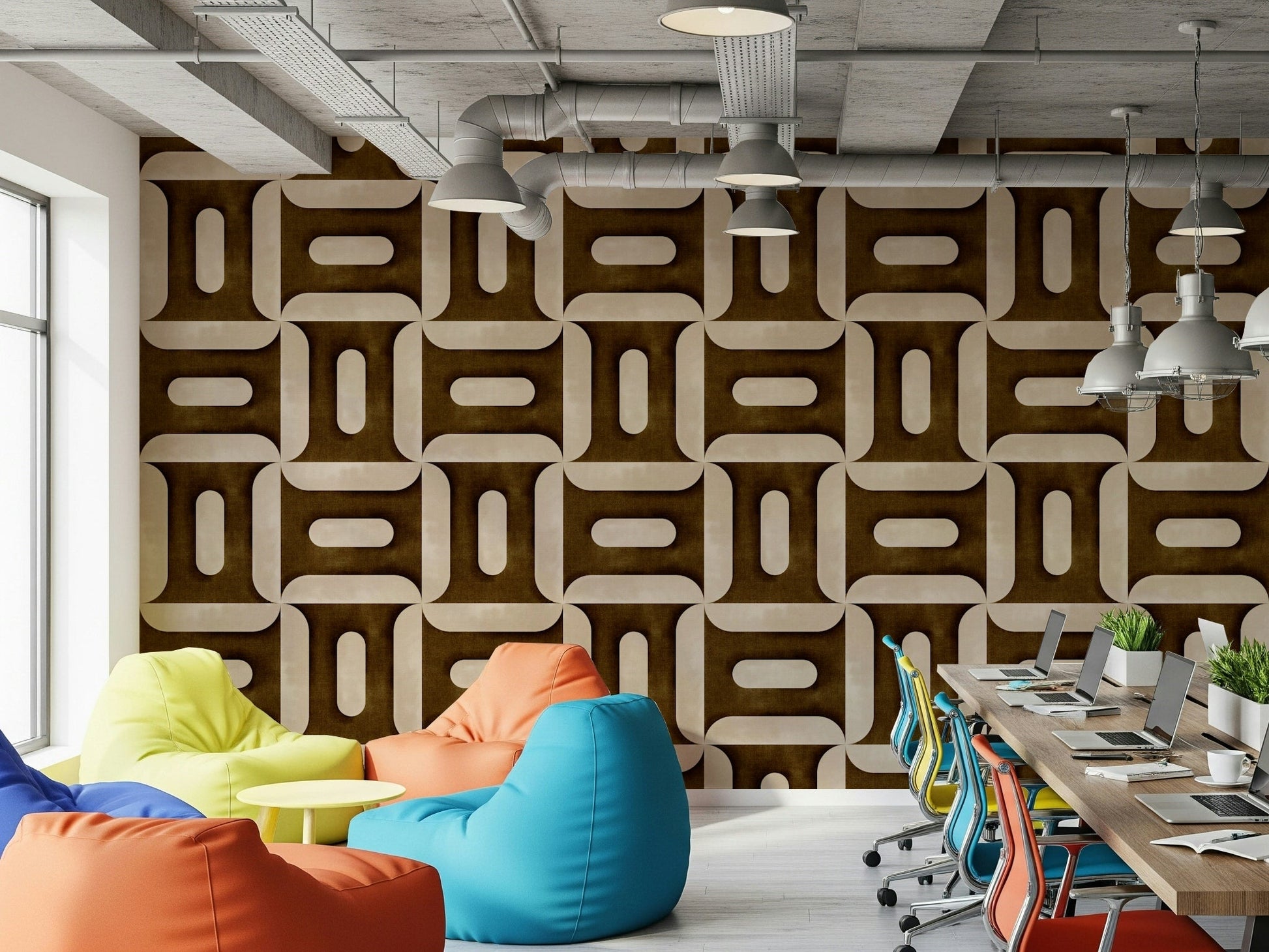 Deep umber geometric wallpaper mural for a minimalist bedroom feature wall., GD7895