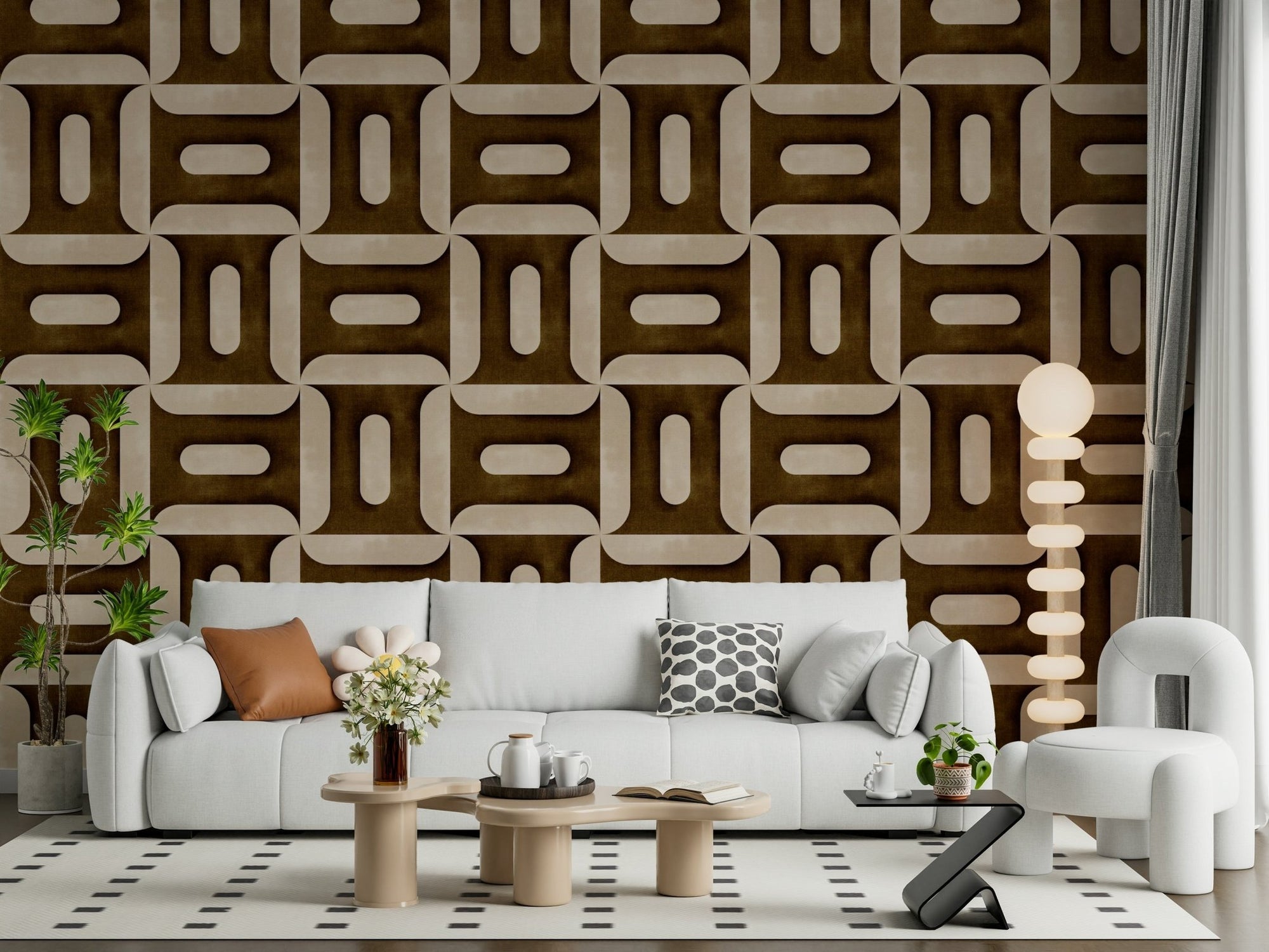 Modern Textured Geometries Umber Wallpaper mural in a warm living room., GD7895