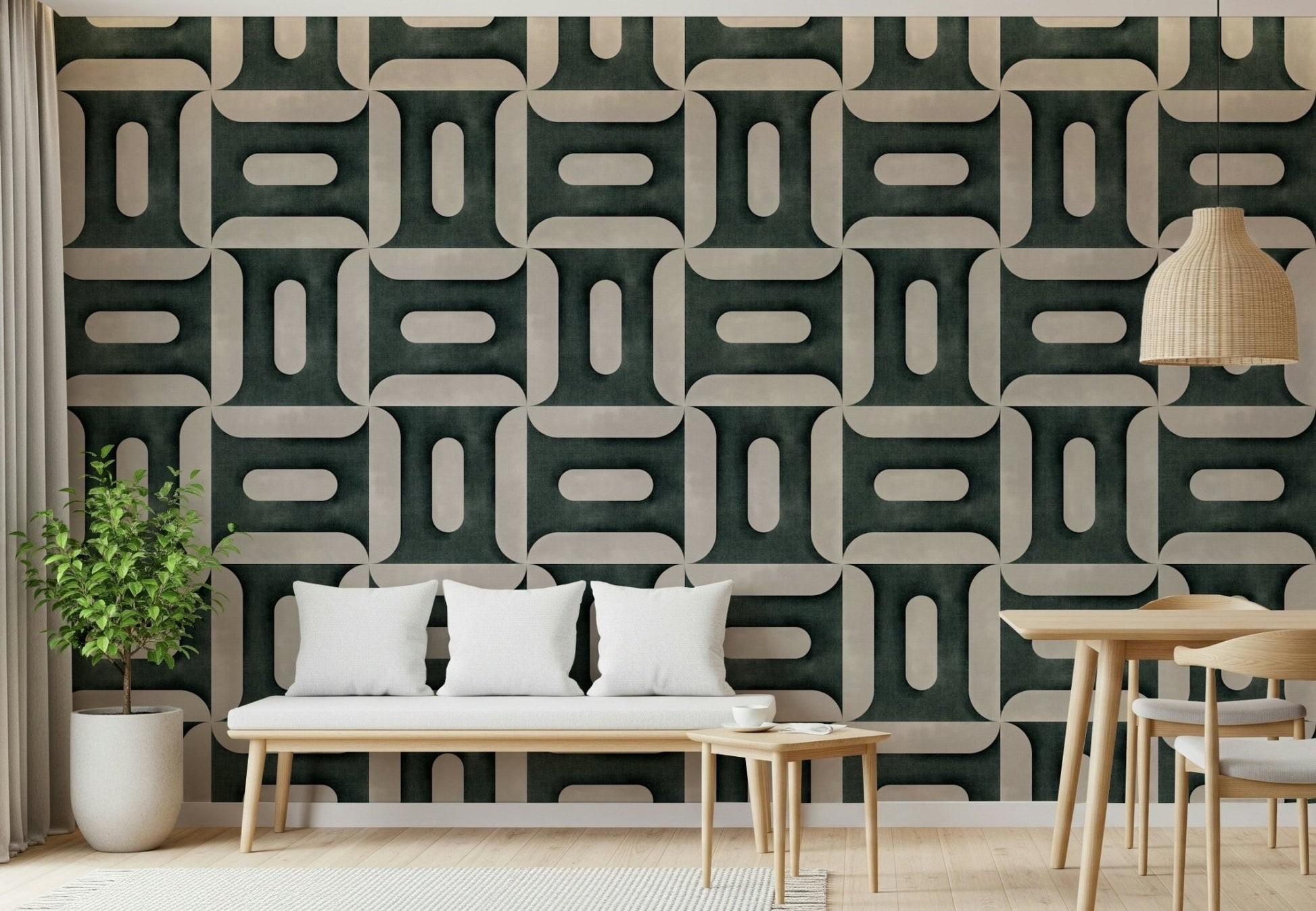 Vintage denim wallpaper with geometric patterns for a bedroom.