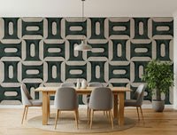 Modern textured geometries vintage denim wallpaper in a living room.