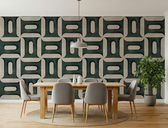 Modern textured geometries vintage denim wallpaper in a living room., GD7893